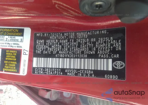 2014 Toyota Camry Hybrid Le/Se Limited Edition/Xle из США, поврежденный, VIN 4T1BD1FK3EU112038